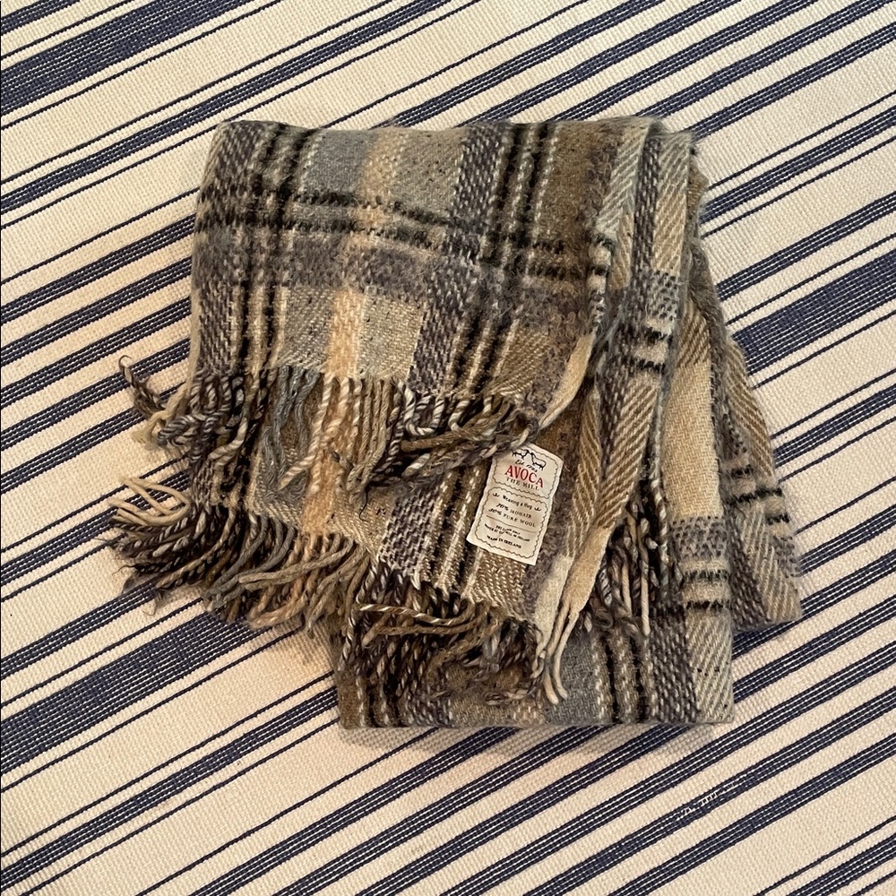 EUC Avoca Mohair/Wool Plaid Throw Blanket - Gray and Cream